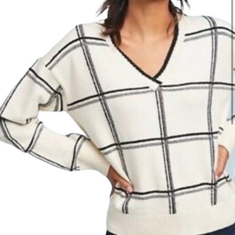Anthropologie Windowpane Plaid V-Neck Sweater - Cream and Black